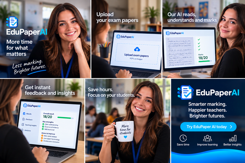 EduPaper AI marking and analytics platform helping teachers upload exam papers, use AI-assisted marking and feedback, and view teaching insights