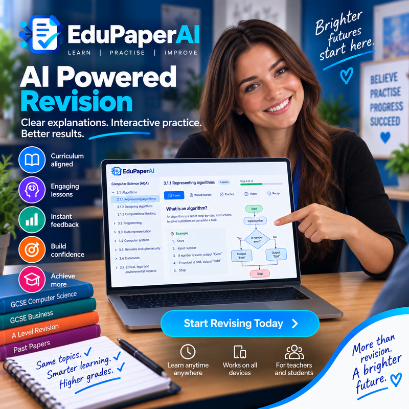 EduPaper AI powered revision platform showing structured learning, interactive pupil practice, feedback and progress